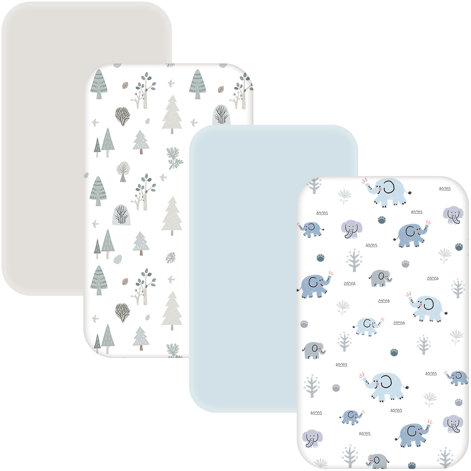 NacoMoco four-pack bassinet sheets in solid colors offer soft, breathable comfort for baby.