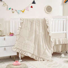 NacoMoco 3-piece tufted ruffle crib bedding in beige, soft and breathable for delicate baby skin.