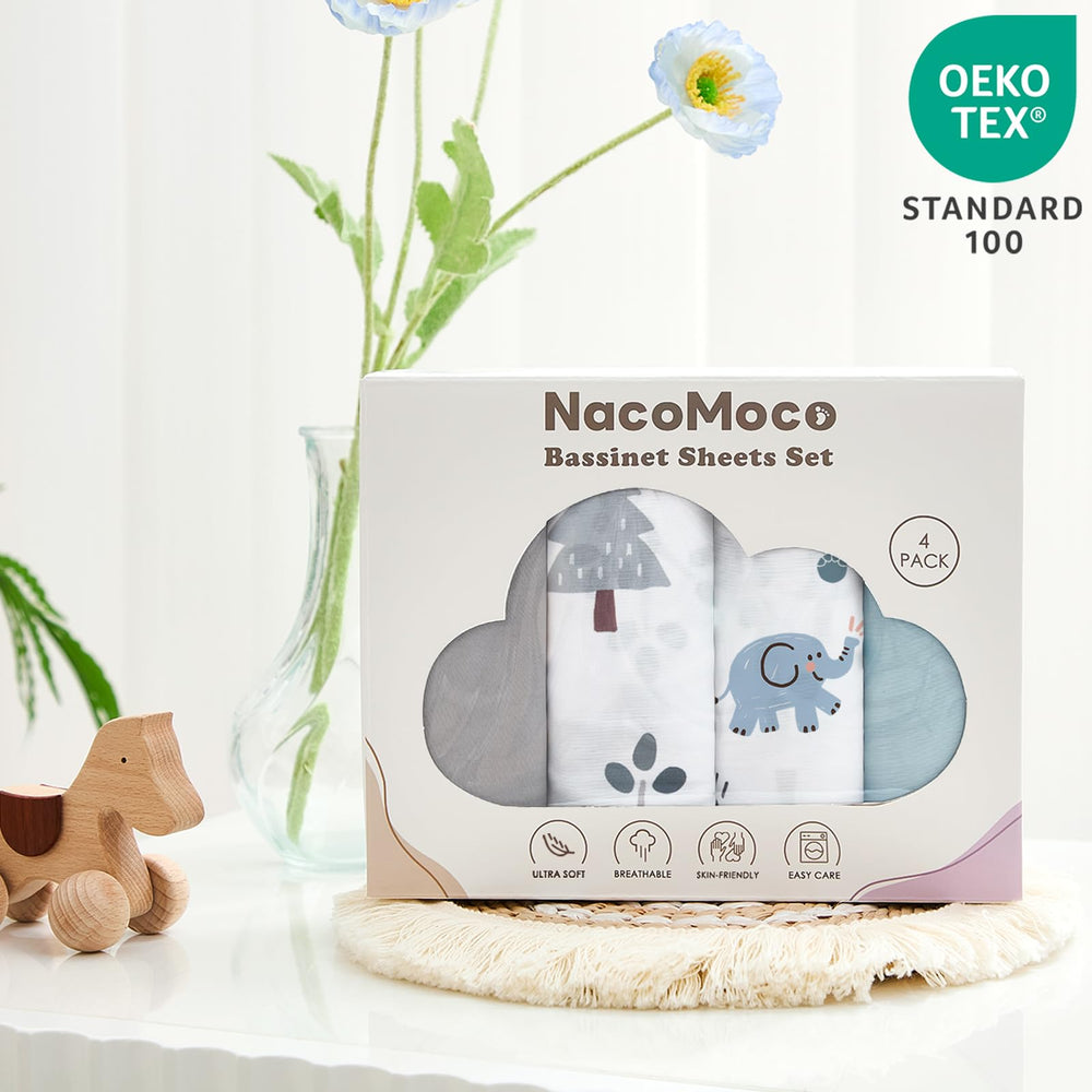 NacoMoco bassinet sheets stay in place with a secure elastic edge for peaceful naps.
