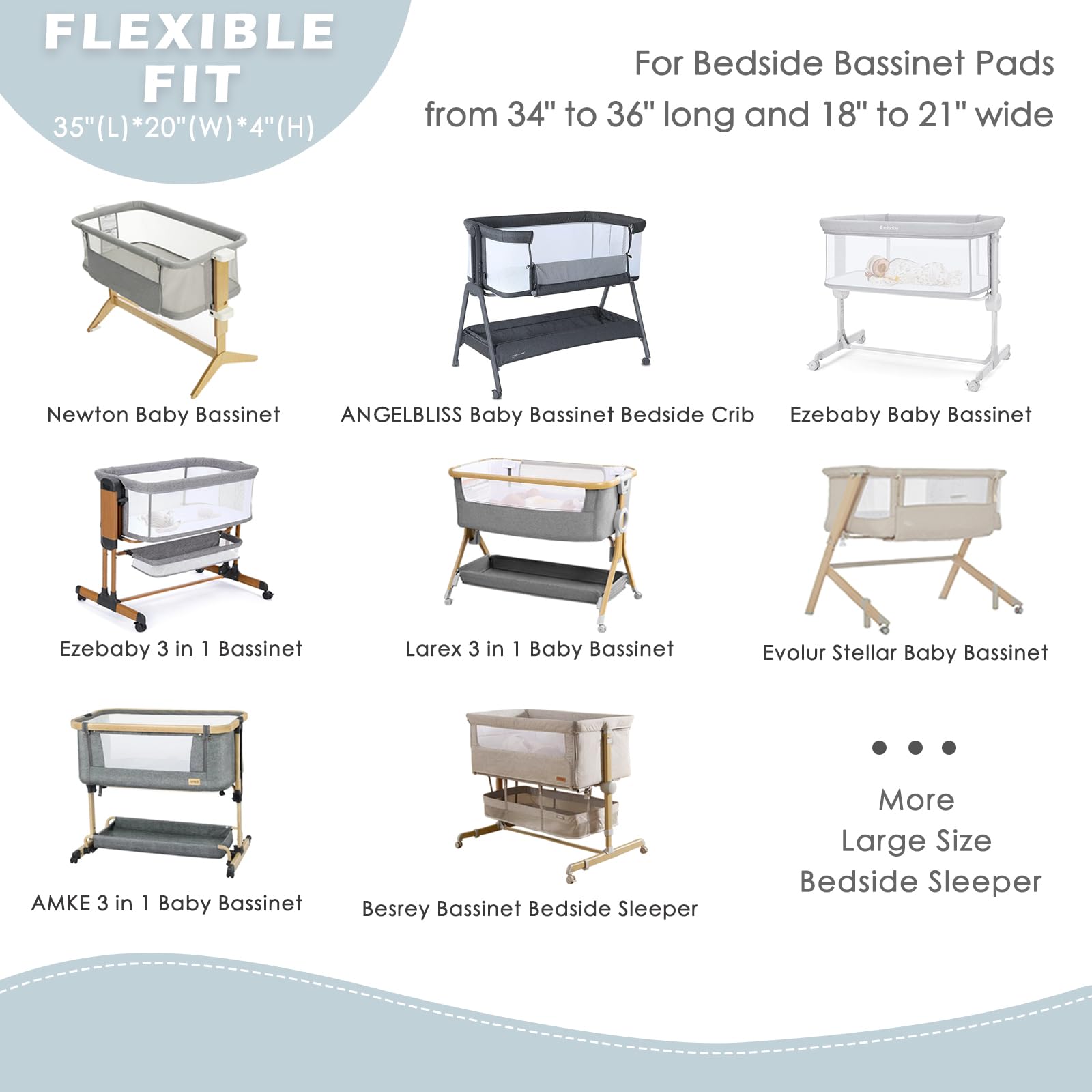 NacoMoco sheets feature elastic band for a secure fit on larger bedside sleepers.