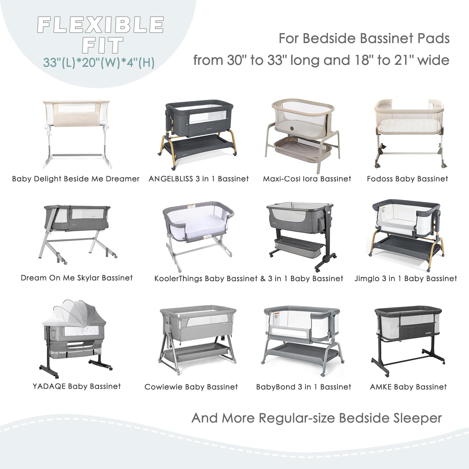 NacoMoco bassinet sheets feature elastic-fit to ensure a snug bedside sleeper fit.