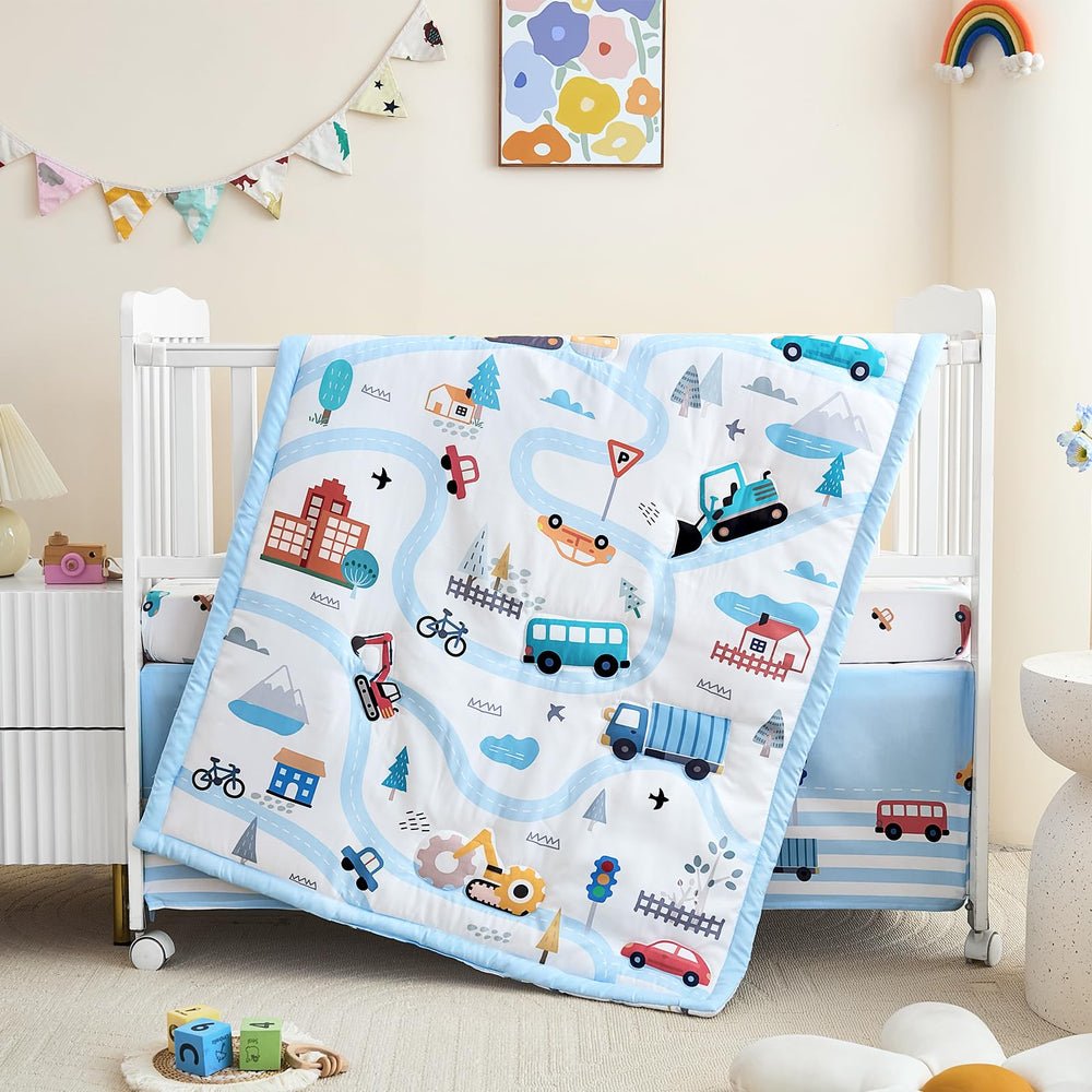 NacoMoco blue comforter with road map vehicles for cozy sleep