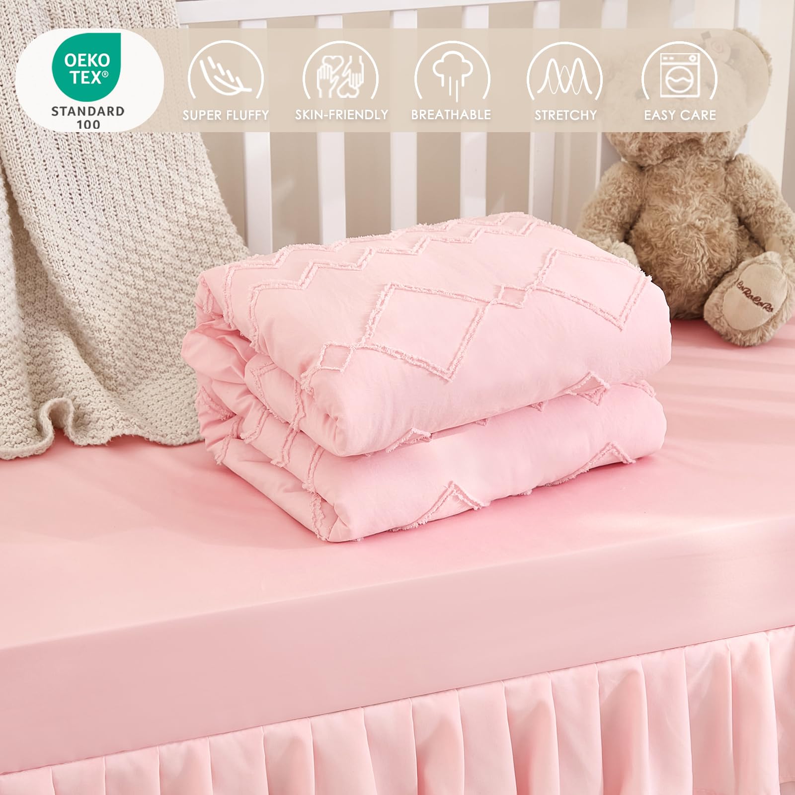 NacoMoco crib comforter 35x45 light pink—cozy warmth for naps and bedtime.
