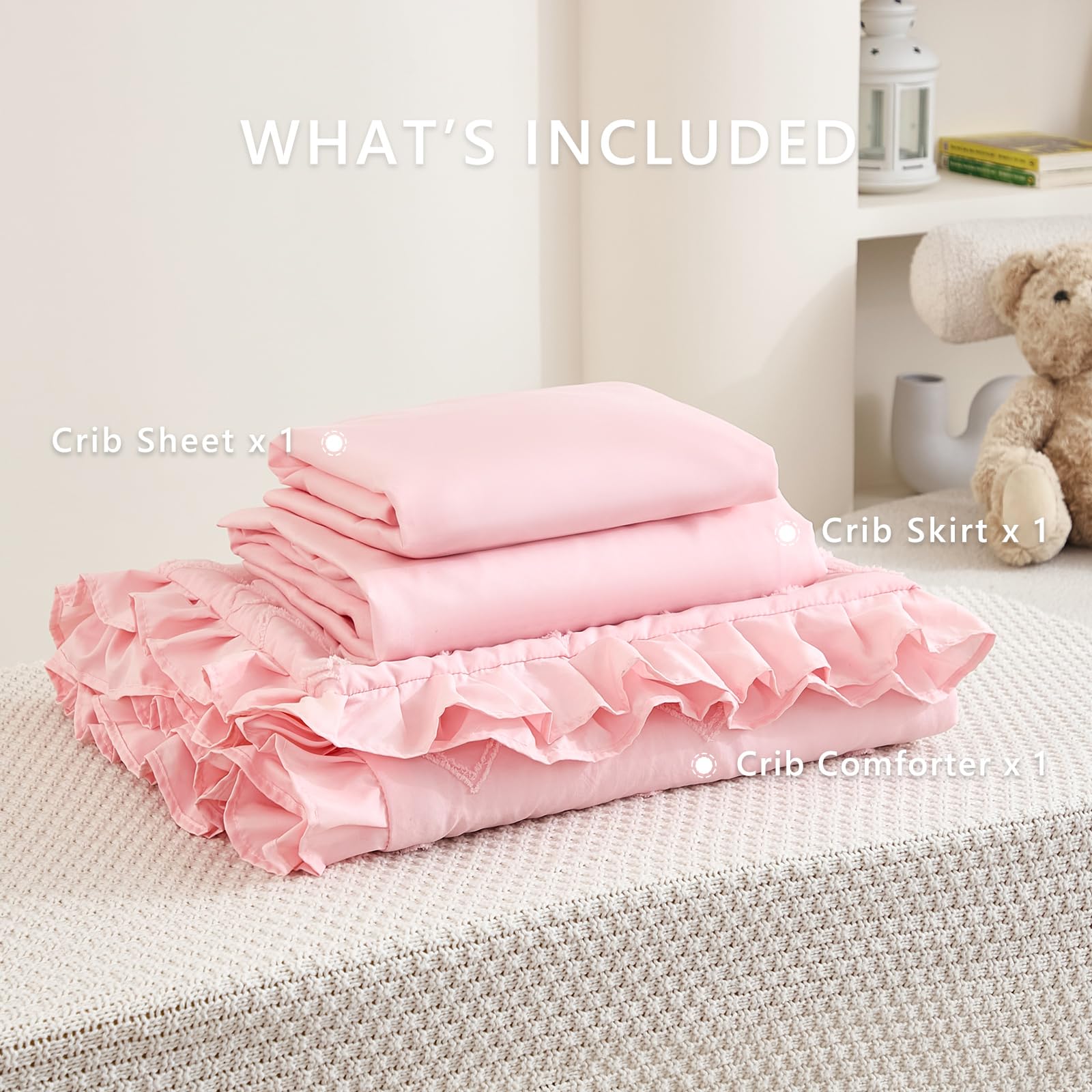 NacoMoco crib skirt 52x28 light pink—double-layer hem enhances decor.