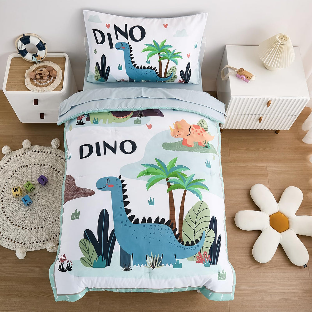 NacoMoco mint green dinosaur bedding set comforter showcases cozy, skin-friendly comfort for toddlers