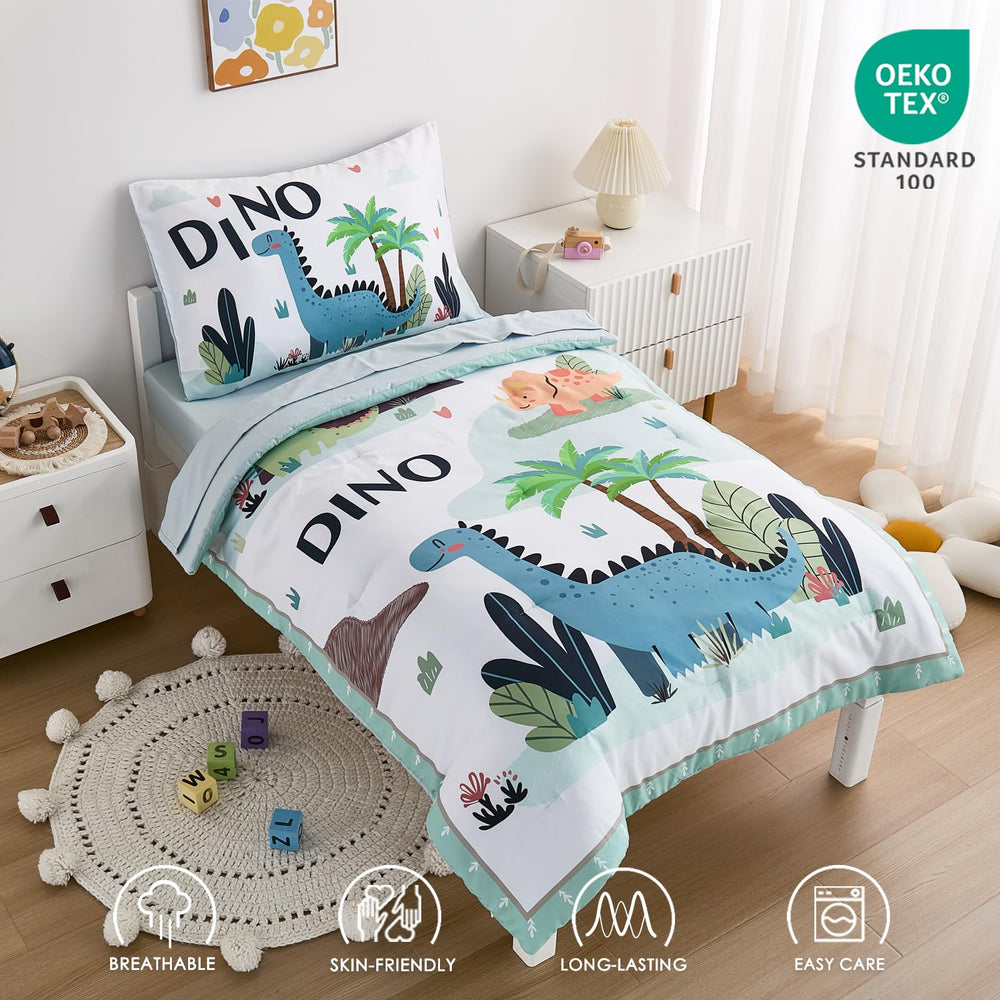 NacoMoco dinosaur fitted sheet in mint green provides snug fit for standard toddler beds
