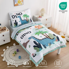 NacoMoco dinosaur fitted sheet in mint green provides snug fit for standard toddler beds