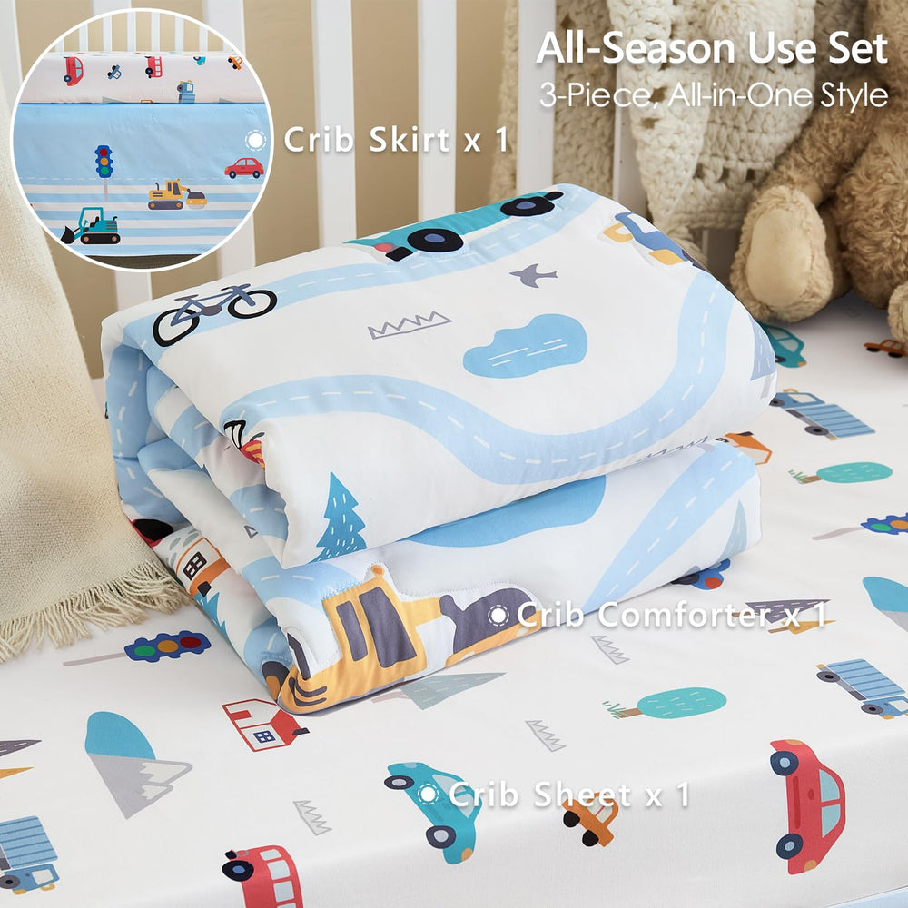 NacoMoco cozy nursery setup using vehicle-themed bedding