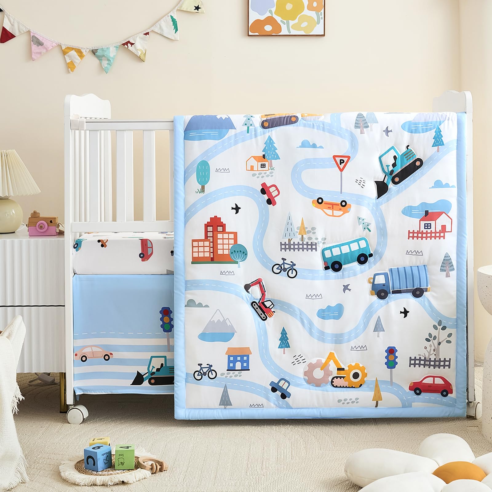NacoMoco vehicle-themed crib bedding set in blue for bedtime play