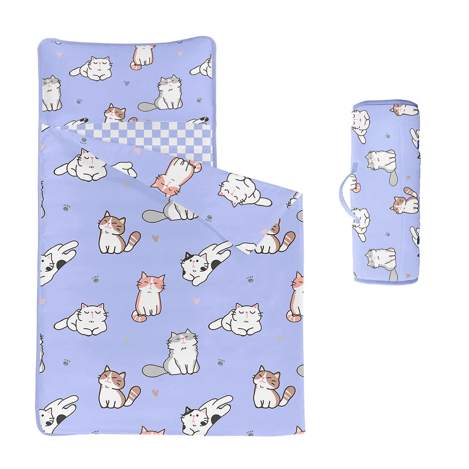 NaFurAhi Datura nap mat in purple cat, rolled for easy preschool transport.