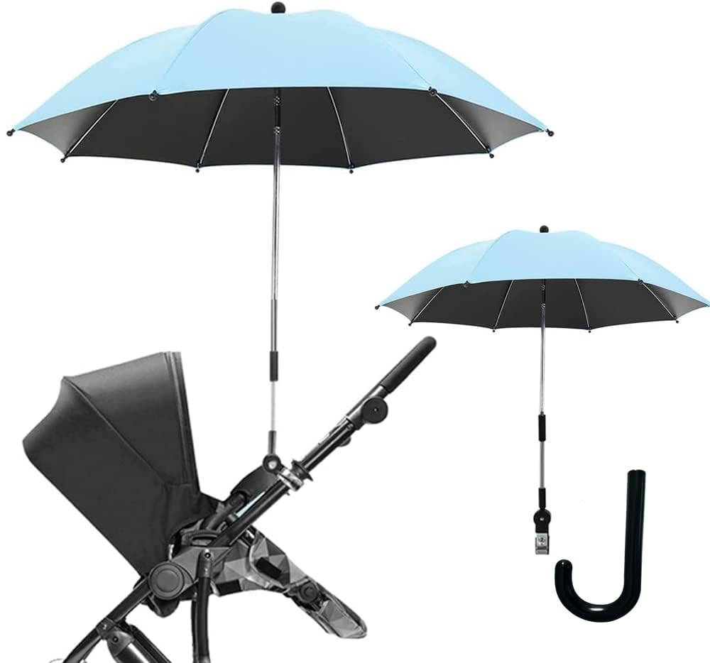 Nakazawa clip-on umbrella for stroller side view providing shaded comfort on outings.
