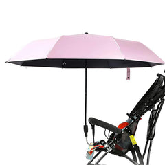 Nakazawa universal baby parasol open on stroller provides wide sun shade.