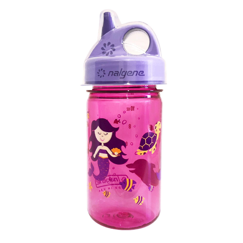 Nalgene Grip-N-Gulp bottle with cover in pink mermaid for kids, easy-grip design.