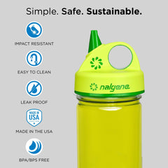 Nalgene Grip-N-Gulp soft-touch lid close-up, comfortable sipping for toddlers.