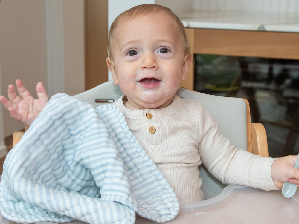 Nana Baby Organics 9-layer muslin burp cloth emphasizes absorbency and comfort.