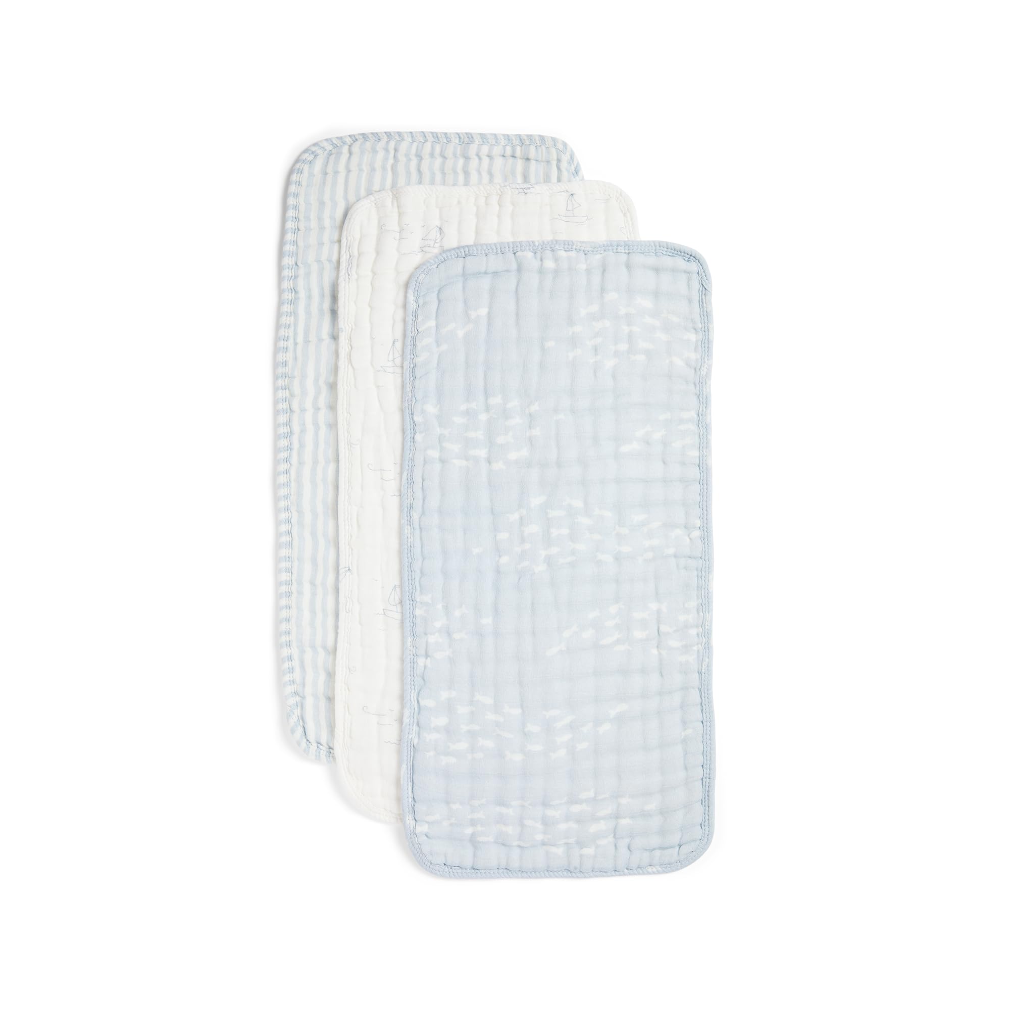 Nana Baby Organics burp cloths folded in powder blue and cream for soft skin protection.