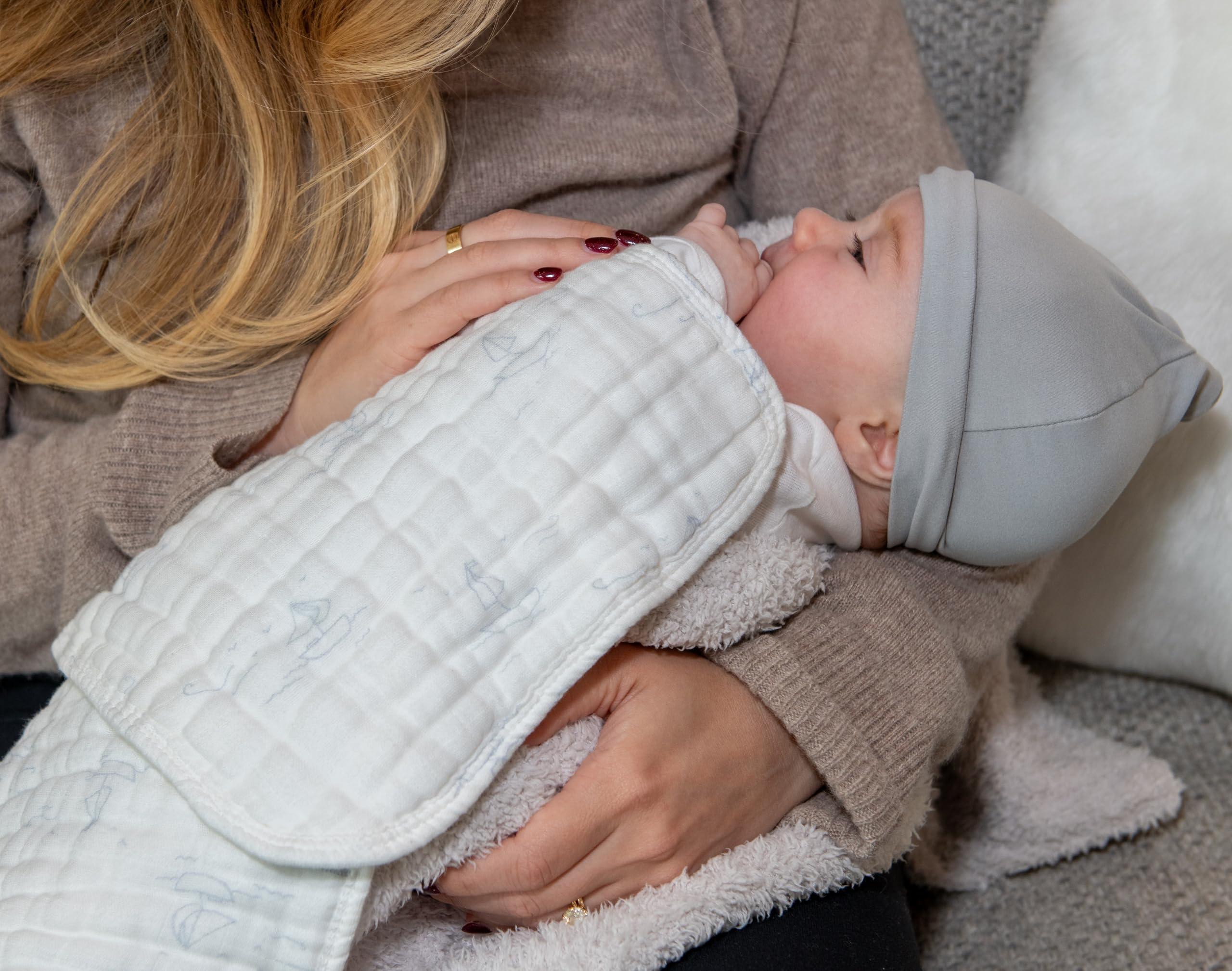 Nana Baby Organics machine-washable burp cloths stay soft after washing.