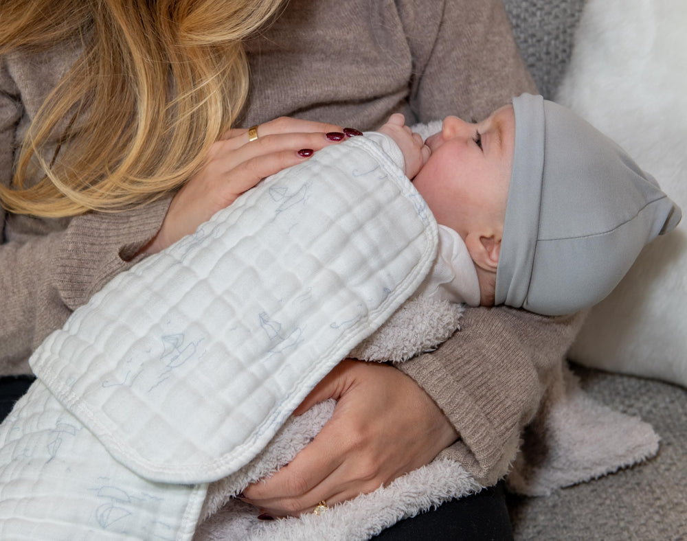 Nana Baby Organics machine-washable burp cloths stay soft after washing.