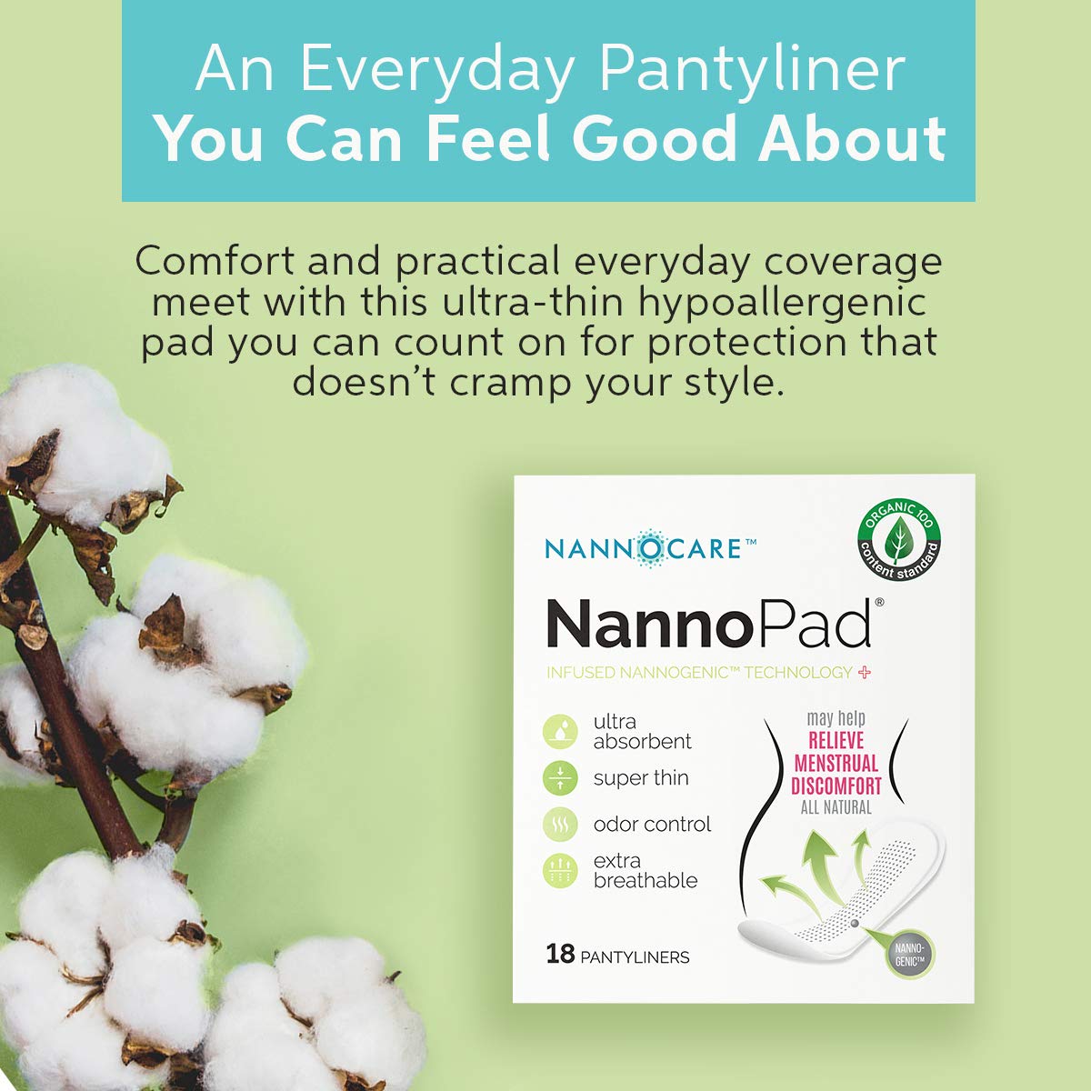 NannoPad organic cotton pantyliner close-up highlights soft texture for comfortable wear.