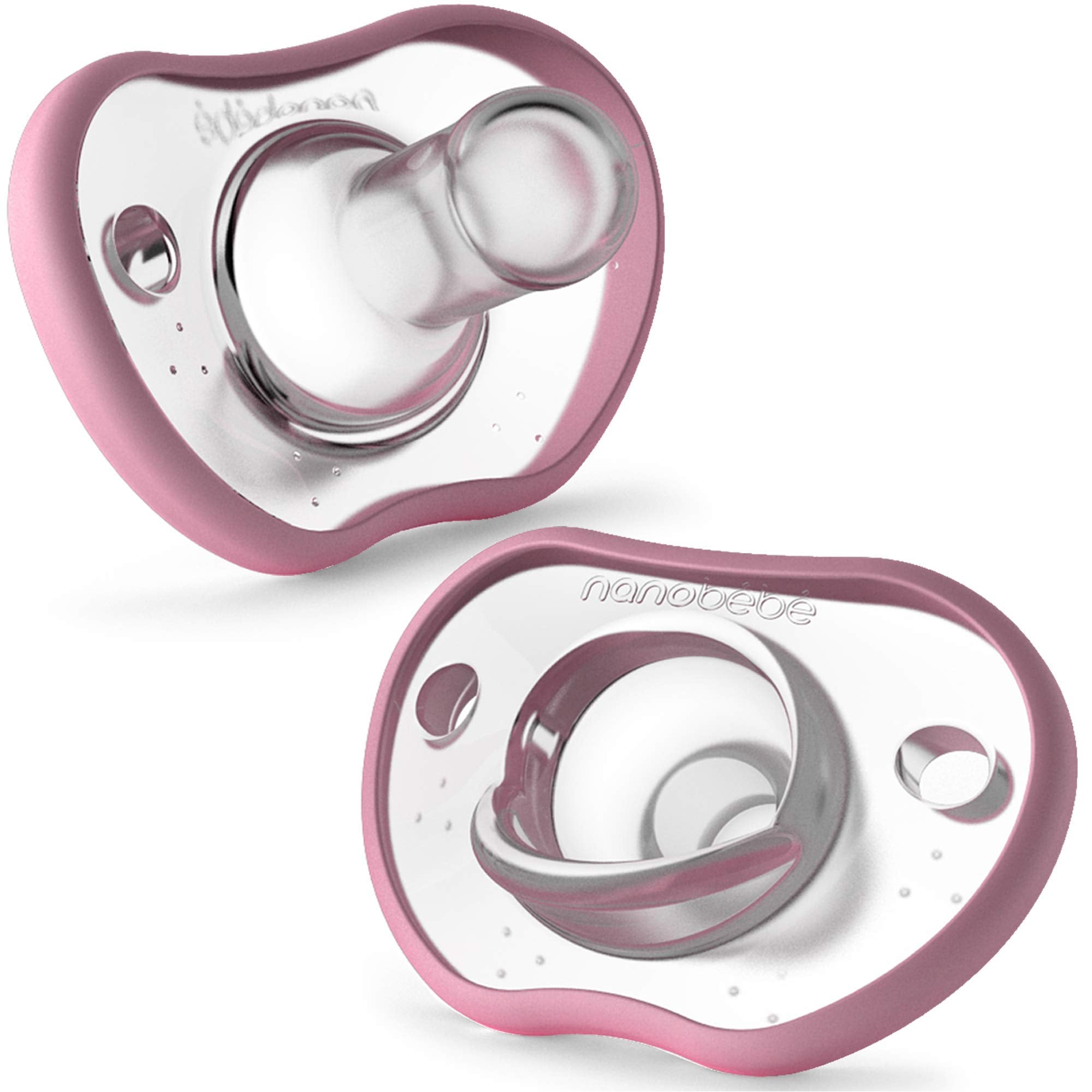 Nanobébé baby pacifier curves to fit tiny faces for secure comfort.