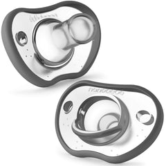 Nanobébé orthodontic-curve pacifier supports a comfortable face contour for baby.