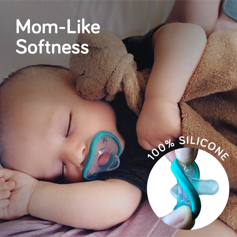 Nanobébé pacifier orthodontic silicone offers skin-like softness for calm feeding.