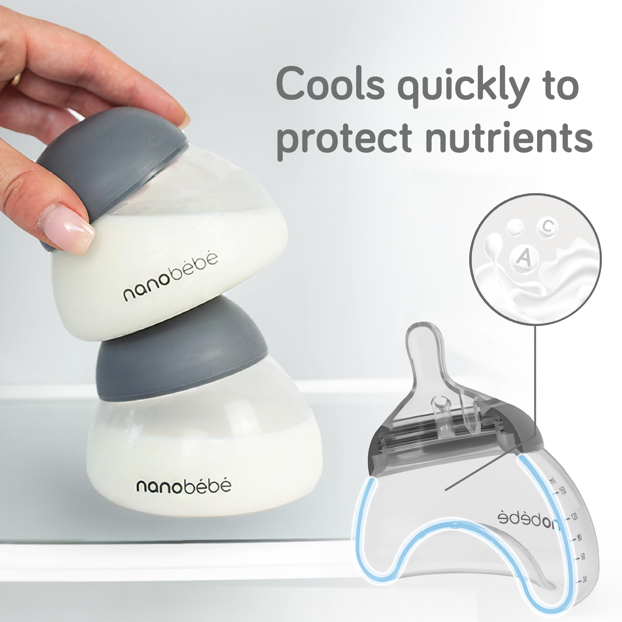 Nanobébé anti-colic bottle with triple-vented nipple minimizes air intake for calmer feeding.