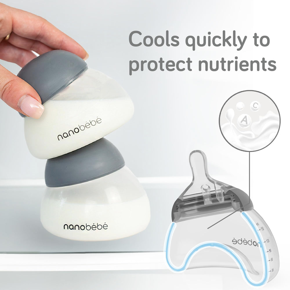 Nanobébé anti-colic bottle with triple-vented nipple minimizes air intake for calmer feeding.
