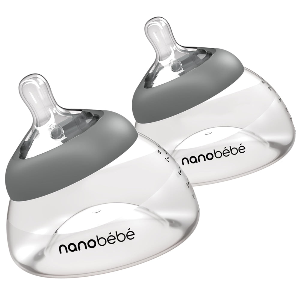 Nanobébé breastmilk bottle with breast-shaped design aids natural latch transition for easier feeding.