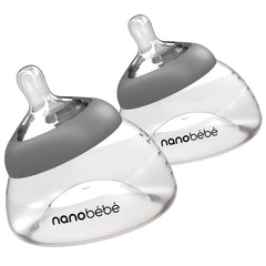 Nanobébé breastmilk bottle with breast-shaped design aids natural latch transition for easier feeding.