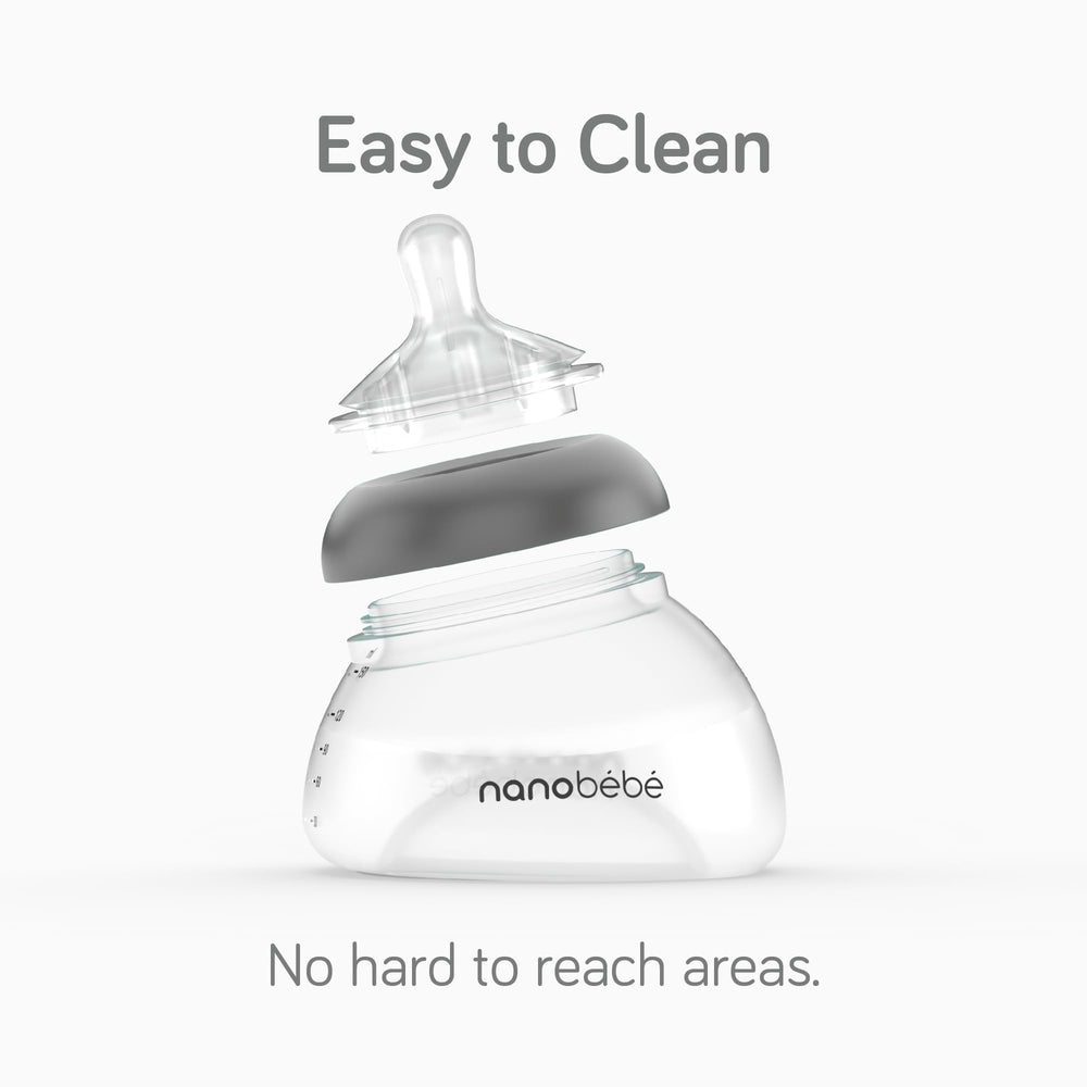 Nanobébé bottle with minimal parts stacks neatly for quick cleaning and space-saving storage.