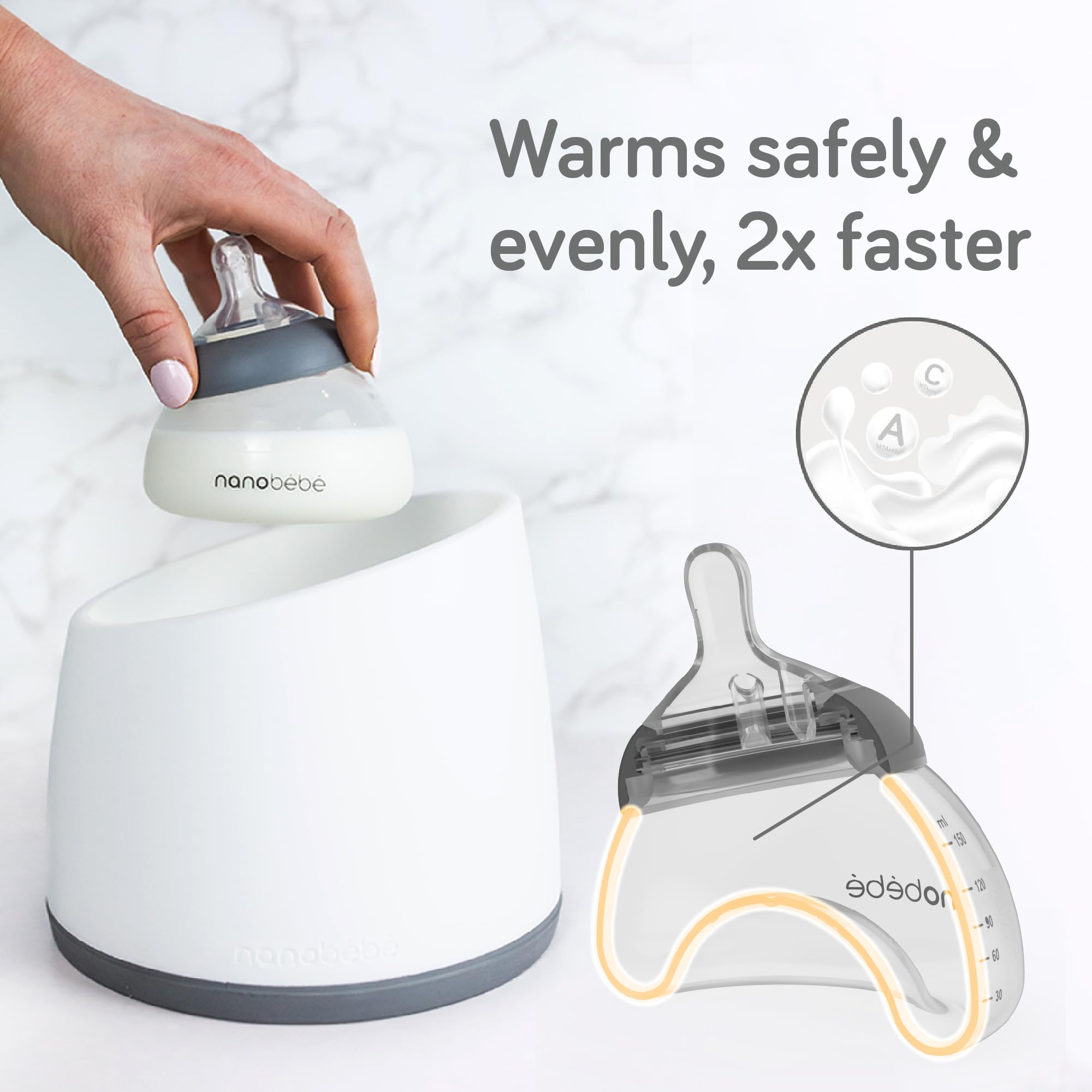 Nanobébé bottle heats milk evenly up to 2x faster, reducing hot spots and nutrient loss.