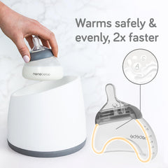 Nanobébé bottle heats milk evenly up to 2x faster, reducing hot spots and nutrient loss.