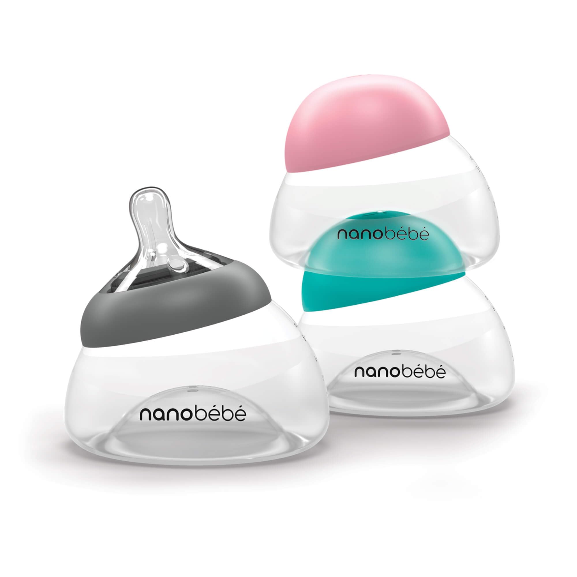 Nanobébé twin-pack grey bottle design keeps feeds organized and on-hand.