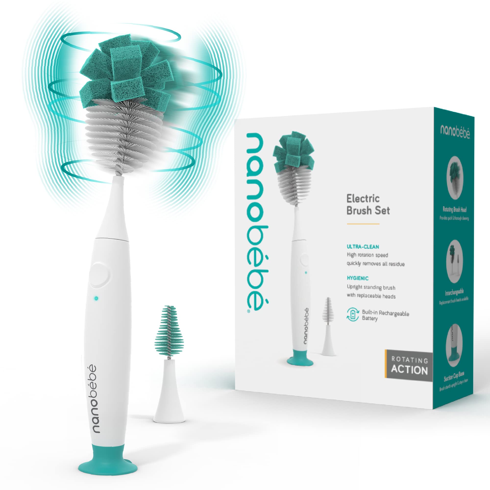 Nanobébé Electric Bottle Brush Cleaner front view for efficient bottle cleaning.