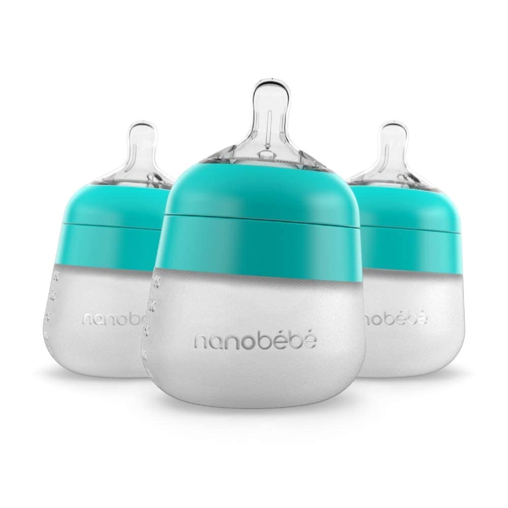 Nanobébé Flexy teal 5 oz bottle with soft, familiar feeding feel.