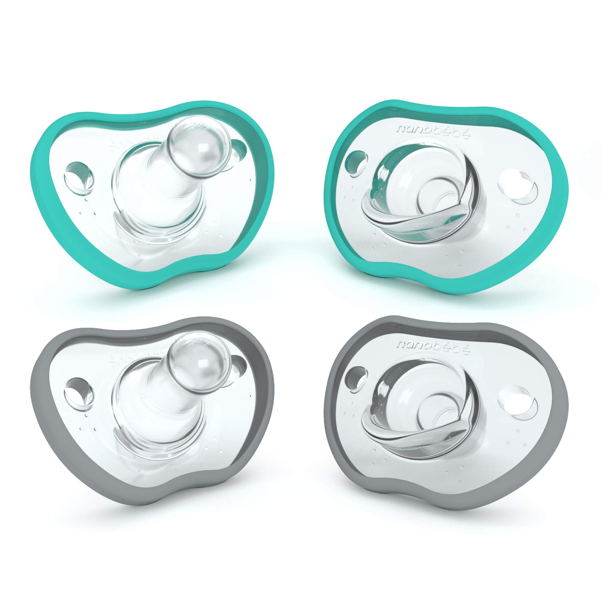 Nanobébé pacifier 0-3 months with ergonomic curve resting gently on the baby’s face