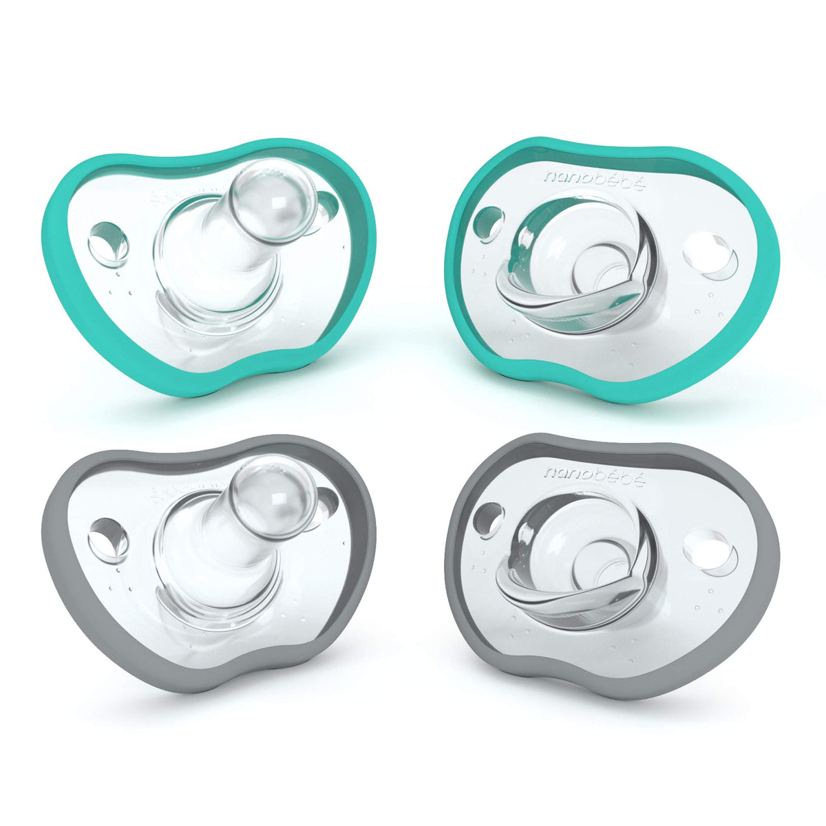 Nanobébé pacifier 0-3 months with ergonomic curve resting gently on the baby’s face