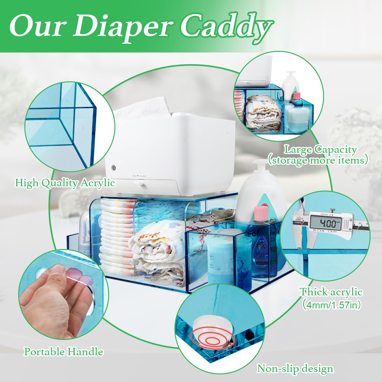 NANYEZH acrylic diaper caddy anti-slip feet stabilizing on a nursery surface.