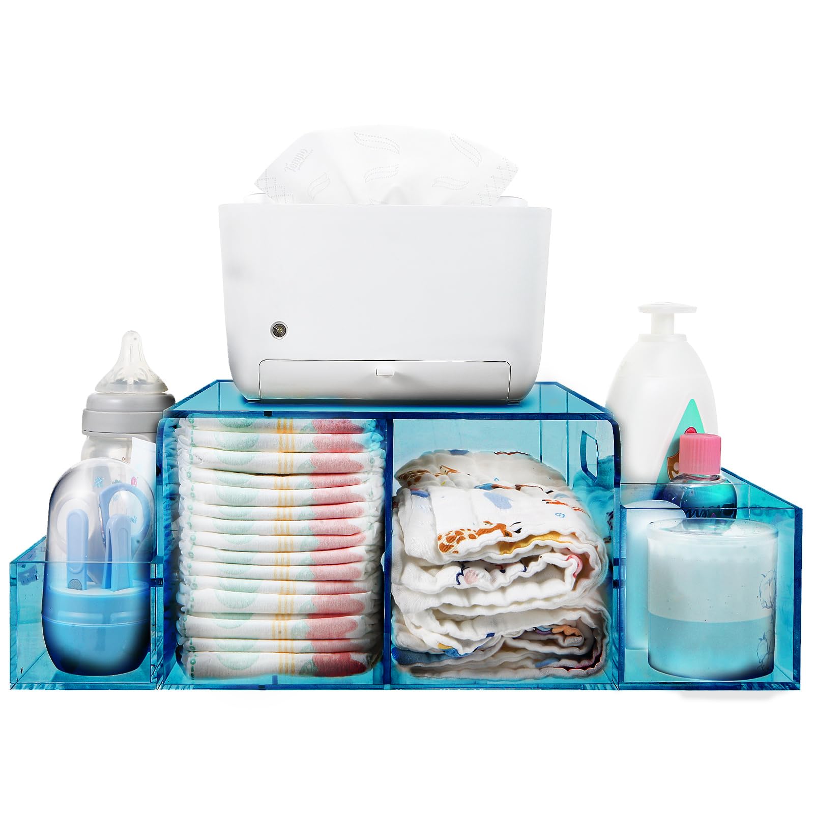 NANYEZH acrylic diaper caddy blue on changing table showing clear visibility of essentials.