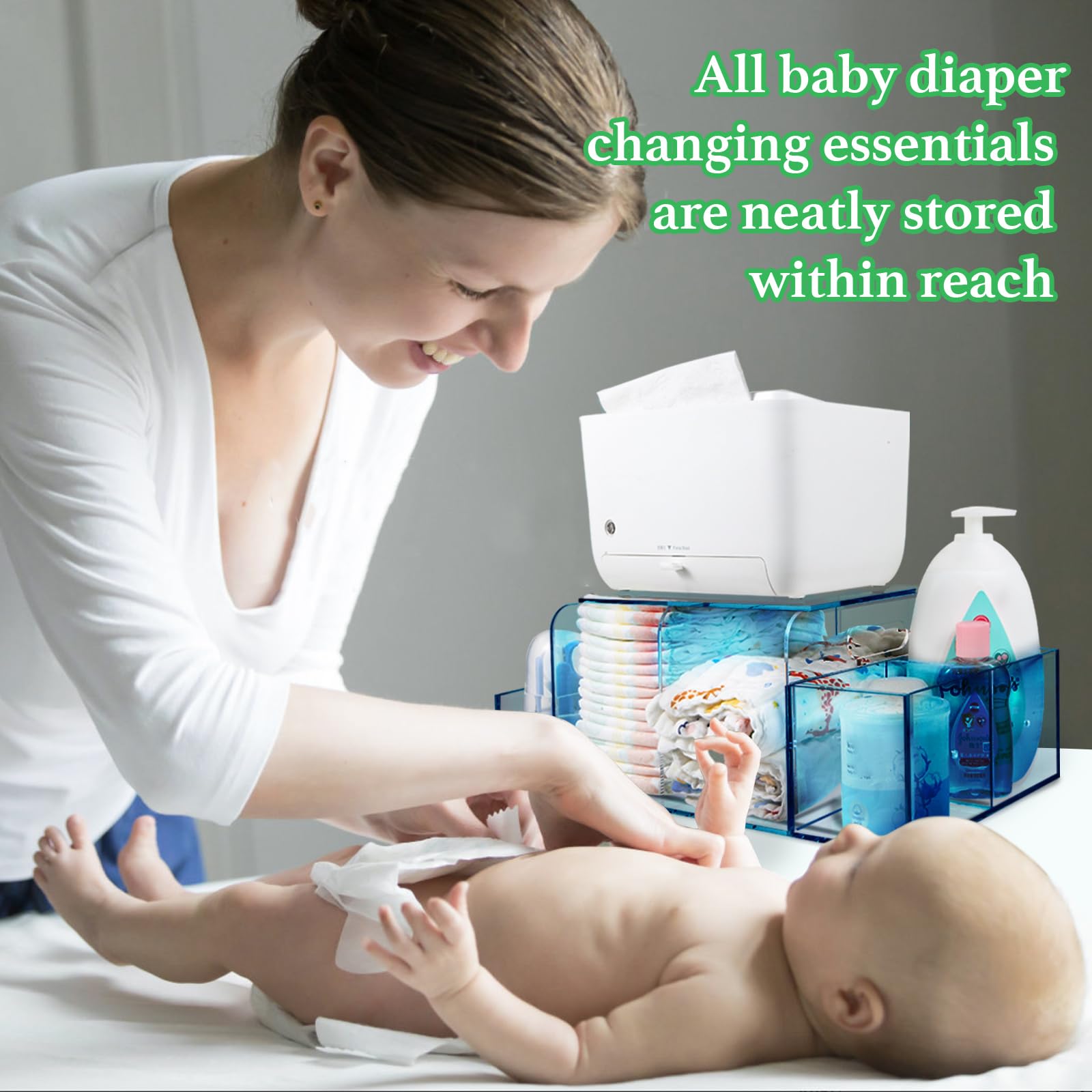 NANYEZH acrylic diaper caddy clear design enabling quick access and organization.