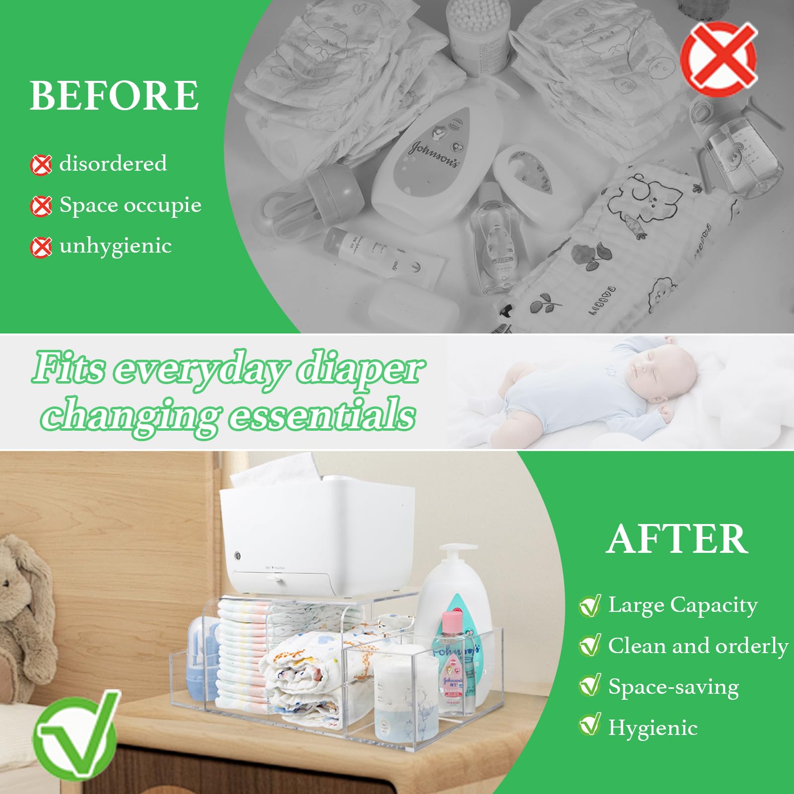 NANYEZH acrylic diaper caddy on dresser top keeping wipes and creams neatly organized