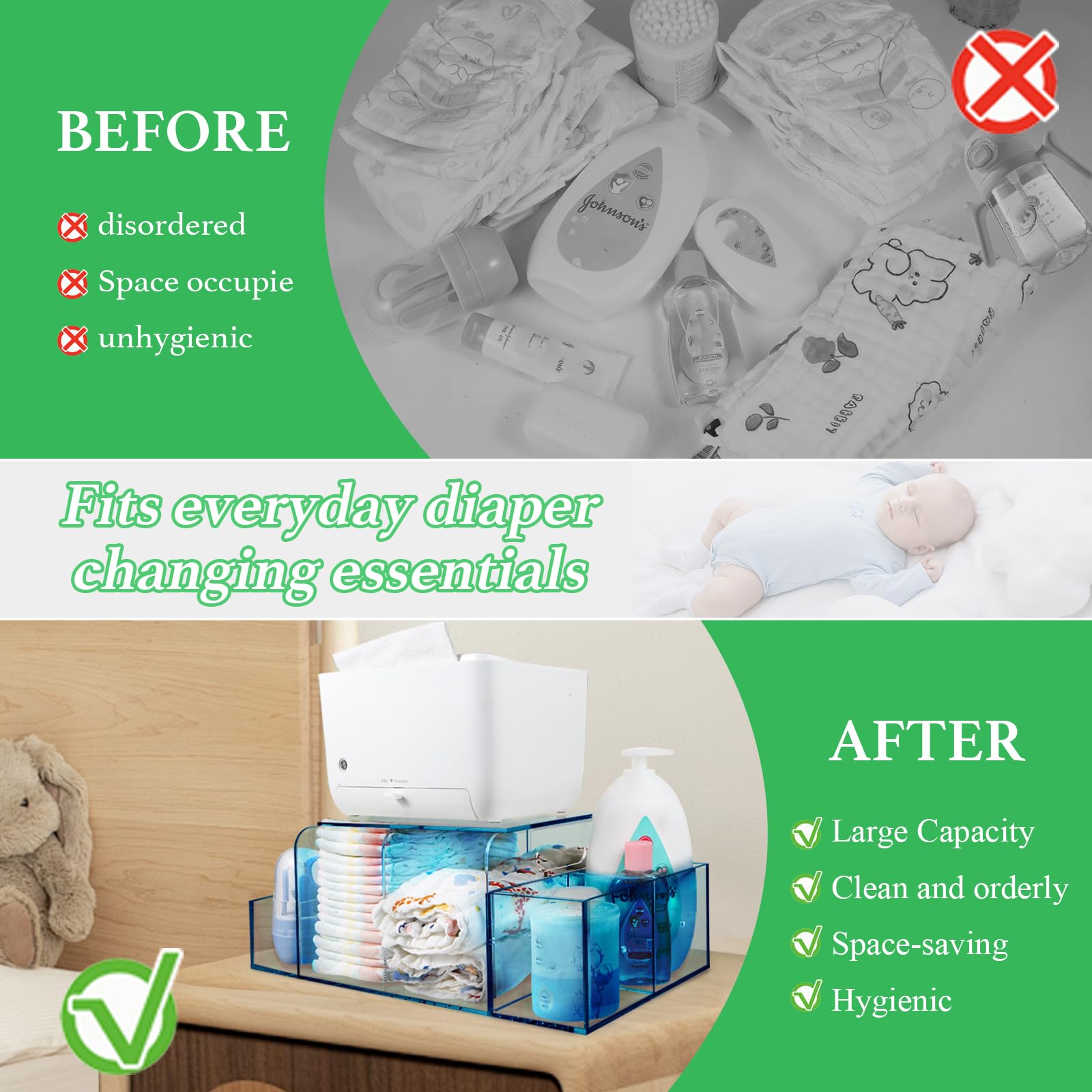 NANYEZH acrylic diaper caddy with four detachable compartments for diapers and wipes.