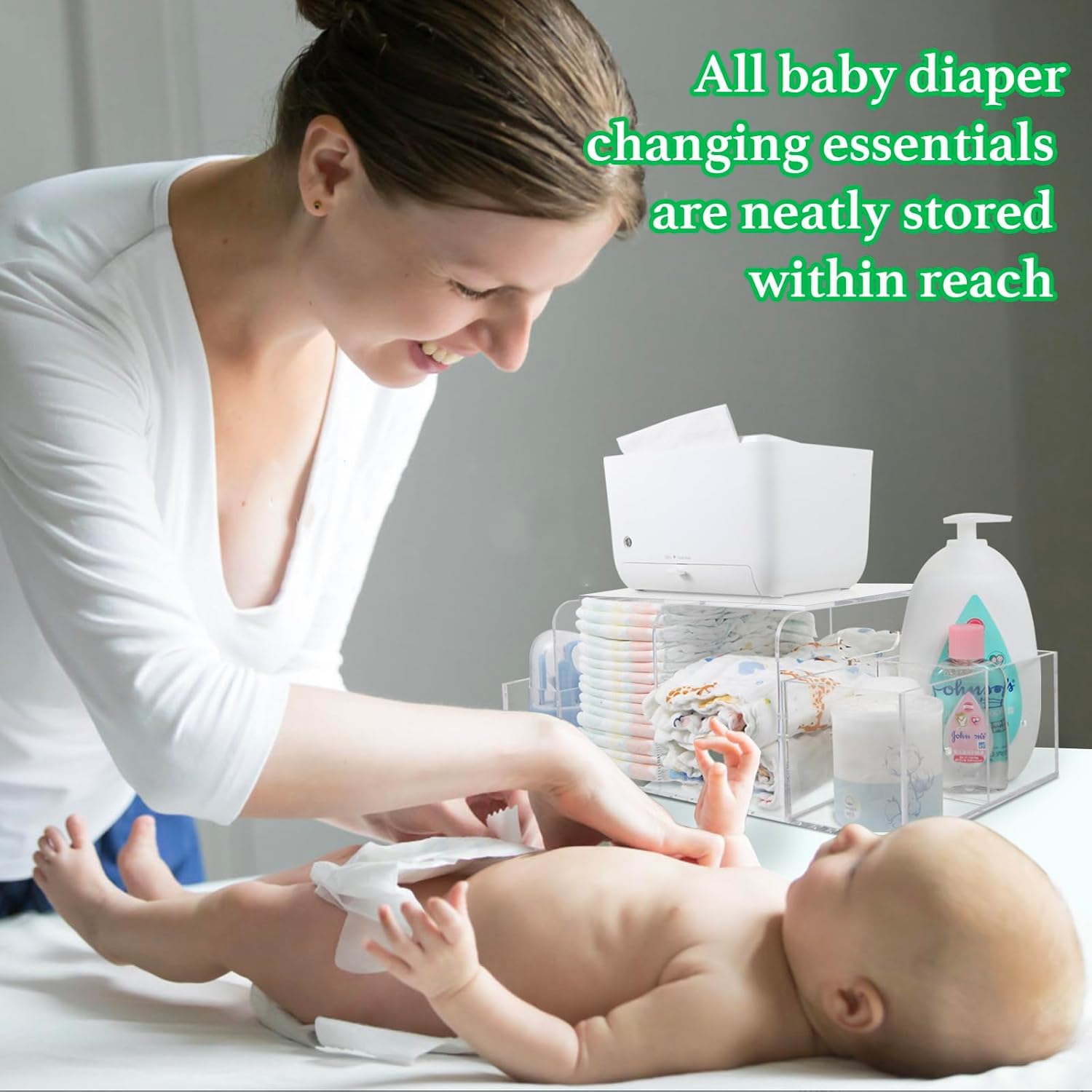 NANYEZH Diaper Caddy top wipe tray fits warmers for convenient prep.