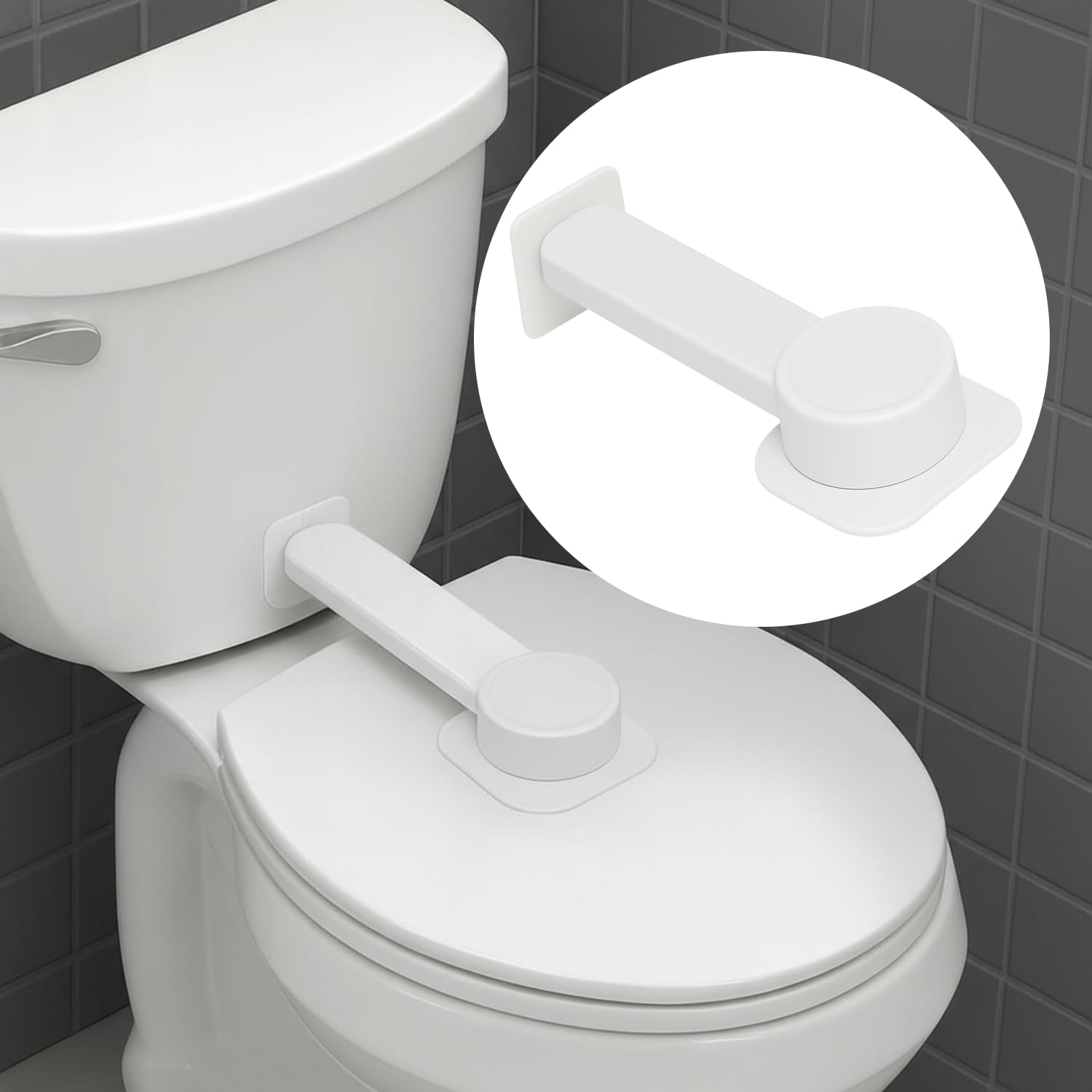 NANZO toilet lock on a flat lid showing secure adhesive base.