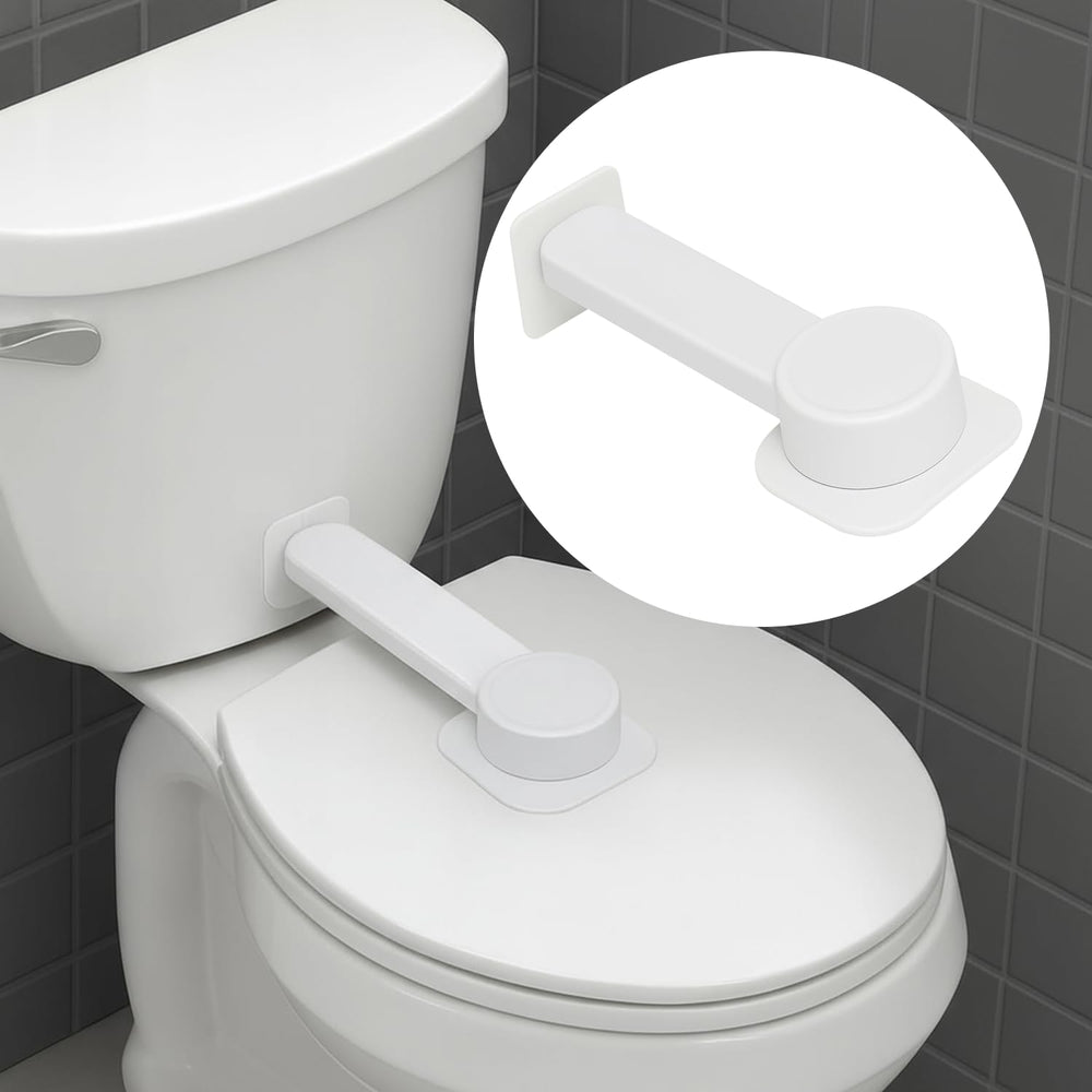 NANZO toilet lock on a flat lid showing secure adhesive base.