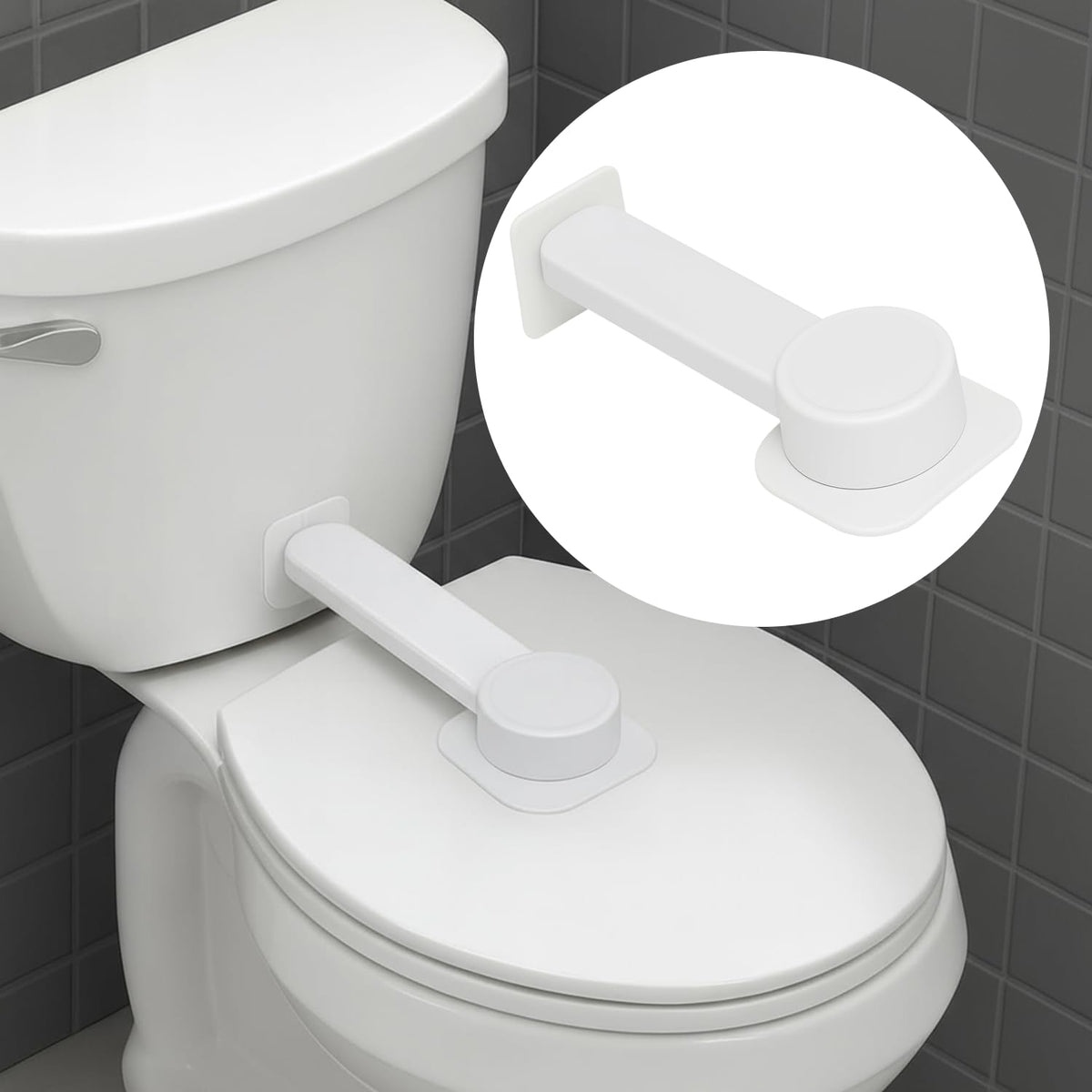 NANZO toilet lock on a flat lid showing secure adhesive base.