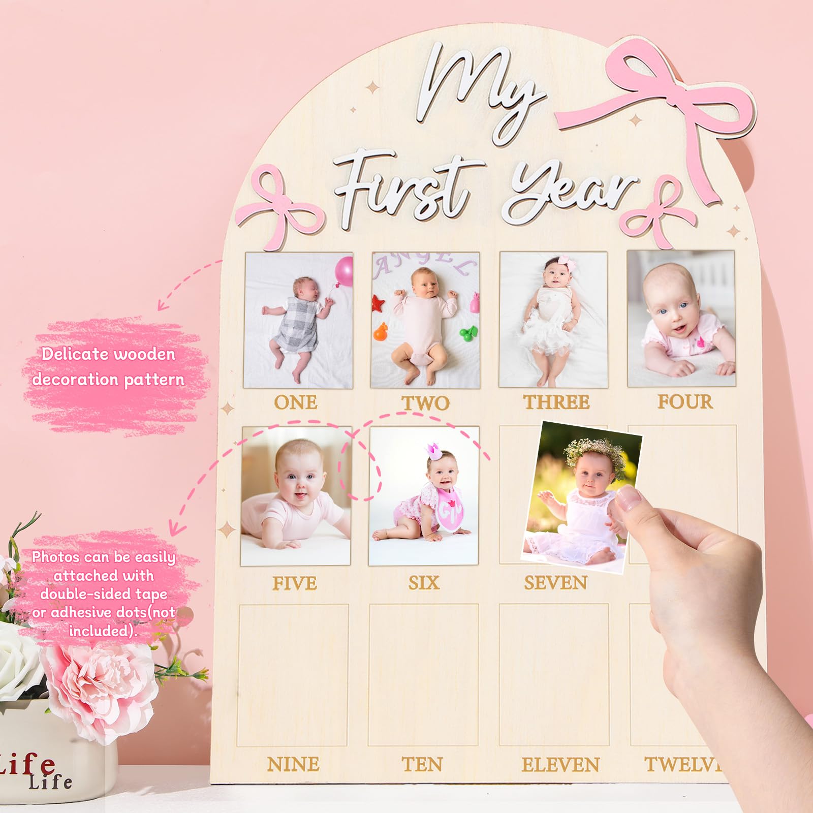 Naozinebi baby one year photo display in nursery setting