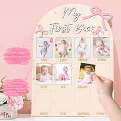 Naozinebi baby one year photo display in nursery setting
