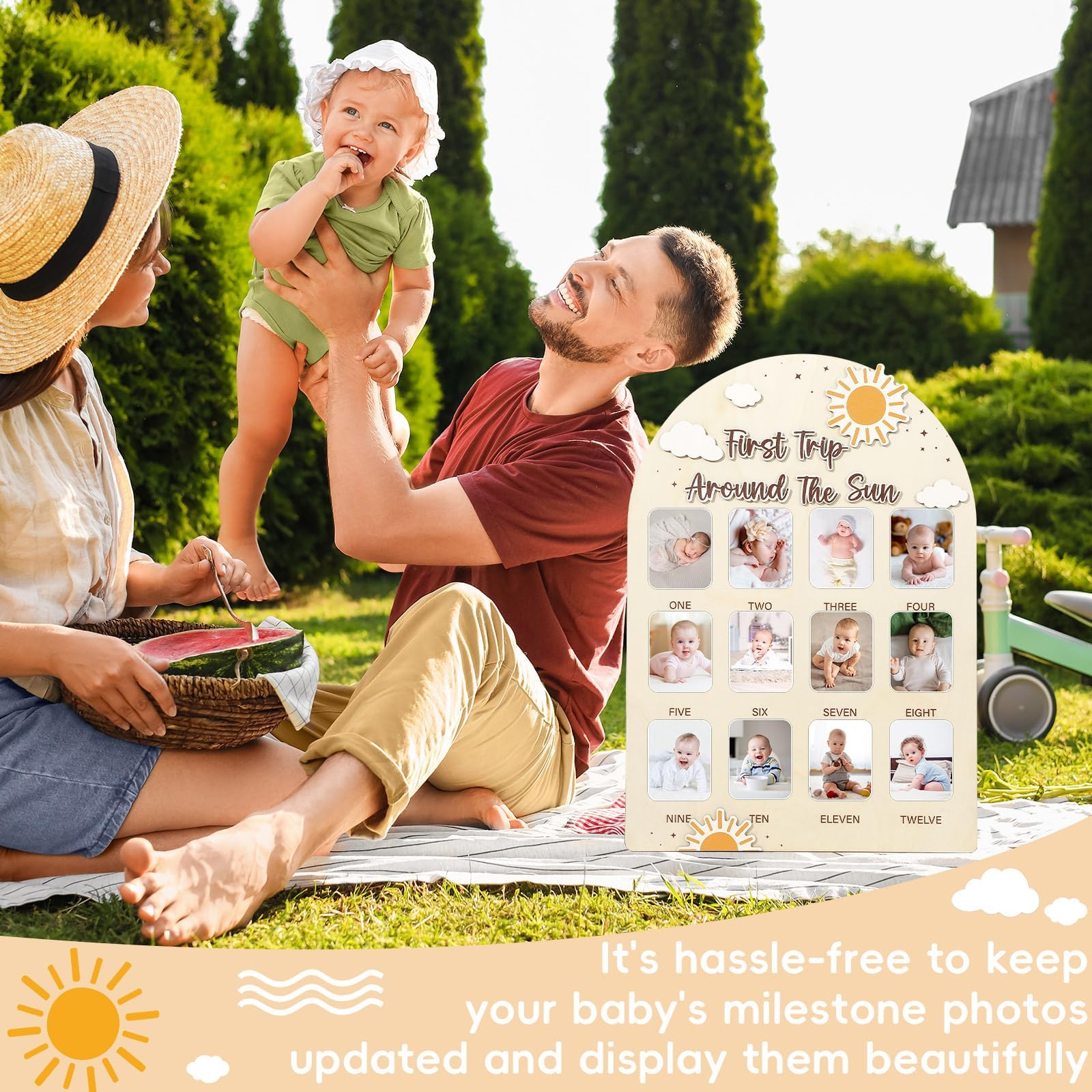Naozinebi 12 month photo board with adhesive dots for easy setup.
